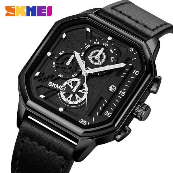 SKMEI 1963 Men's Fashion Multifunction Chronograph Square Dial Date Display Leather Strap Watch - Black/White