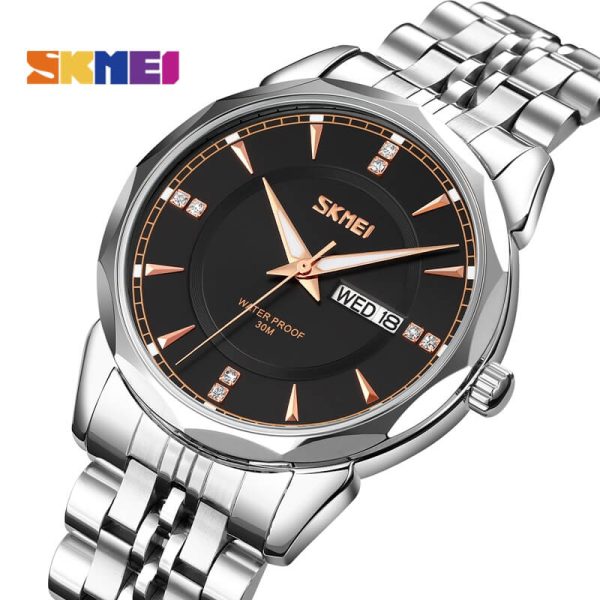 SKMEI 9268 Luxury Fashionable Day Date Function Geometric Cutting Round Dial Stainless Steel Watch For Men - Silver/Black