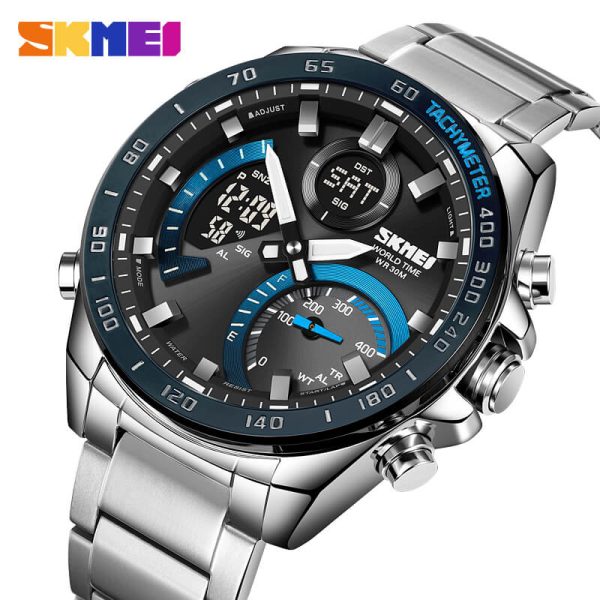 SKMEI 1889 Multifunctional Dual Display Countdown Chronograph LED Light Stainless Steel Watch For Men - Silver/Blue