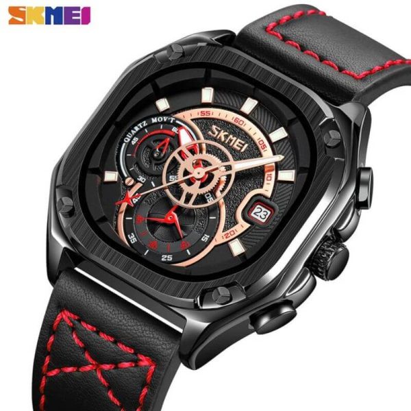 SKMEI 9313 Men's Business Chronograph Date Display Leather Strap Luminous Watch - Black/Red