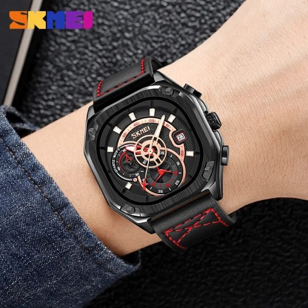 SKMEI 9313 Men's Business Chronograph Date Display Leather Strap Luminous Watch - Black/Red - Image 2