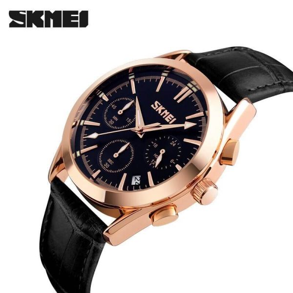 SKMEI 9127 Men's Elegant Business Analog Date Display Multifunction Leather Strap Chronograph Watch - Black