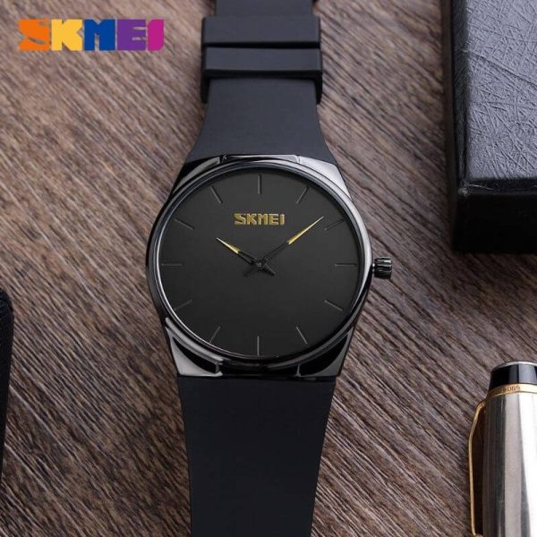 SKMEI 1601 Casual Elegant Slim Dial Silicon Strap Quartz Watch For Men - Black - Image 4