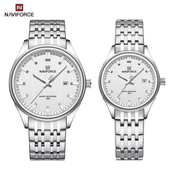 NaviForce NF8039 Simple Business Fashion Quartz Date Display Stainless Steel Watch For Couple - Silver