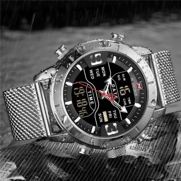 NAVIFORCE NF9153 Multi-Function Stainless Steel Mesh Digital/Analog Watch For Men – Silver - Image 3