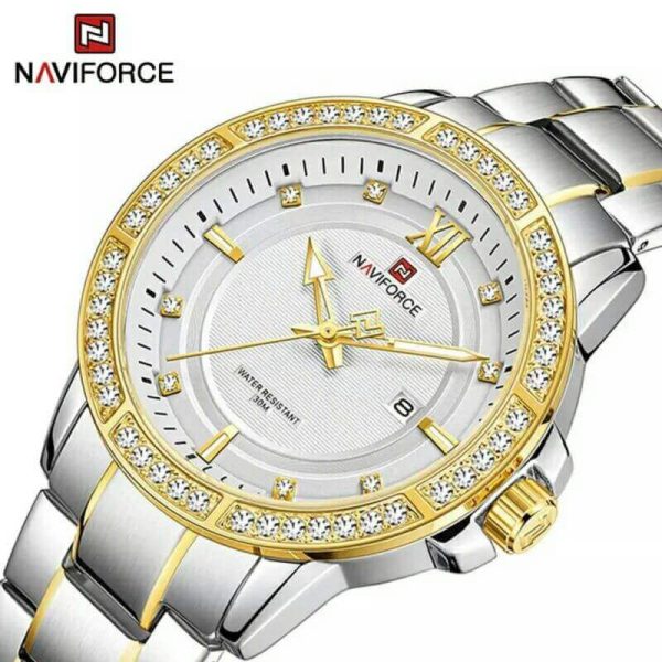 NAVIFORCE NF9187 Diamond Surrounded Date Function Stainless Steel Quartz Watches For Men - Golden/Silver