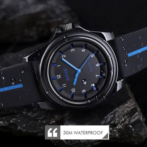 SKMEI 1578 Simple Numeric Round Dial Analog Silicone Strap Unisex Watch - Black/Blue - Image 3