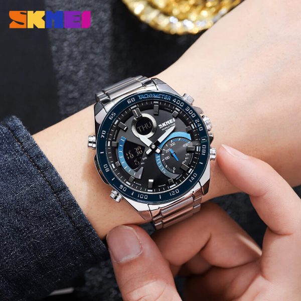 SKMEI 1889 Multifunctional Dual Display Countdown Chronograph LED Light Stainless Steel Watch For Men - Silver/Blue - Image 3