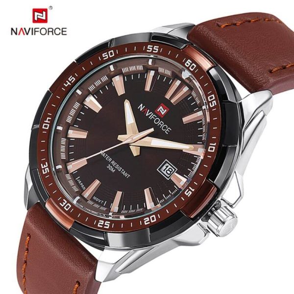 NAVIFORCE NF9056  Men's Casual Leather Strap Quartz Watch - Coffee/Silver