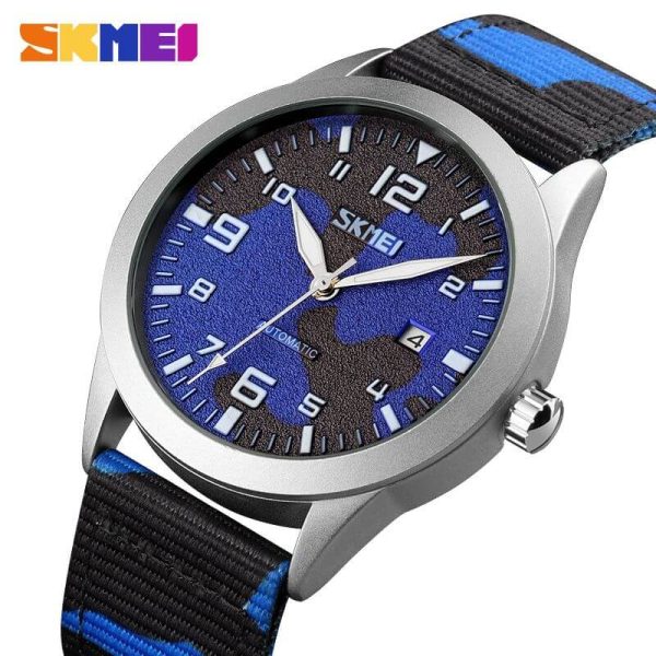 SKMEI 9246 Men's Automatic Mechanical Hollow Dial Luminous Nylon Strap Date Display Watch - Camouflage Blue/Silver