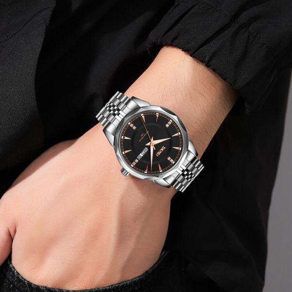 SKMEI 9268 Luxury Fashionable Day Date Function Geometric Cutting Round Dial Stainless Steel Watch For Men - Silver/Black - Image 3