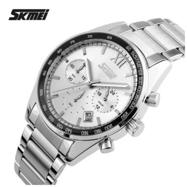 SKMEI 9096 Men's Business Full Stainless Steel Analog Date Display Chronograph Wristwatch - Silver