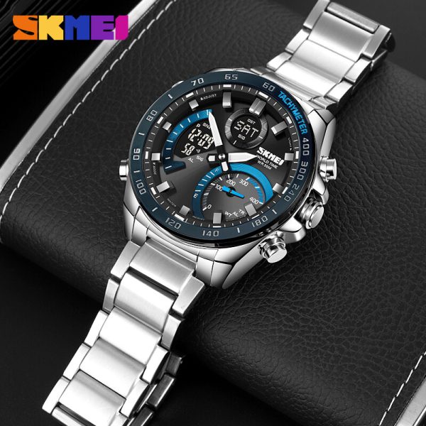 SKMEI 1889 Multifunctional Dual Display Countdown Chronograph LED Light Stainless Steel Watch For Men - Silver/Blue - Image 2