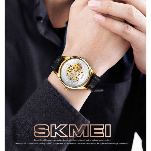 SKMEI 9209 Men's Automatic Hollowing Mechanical Fashion Business Leather Strap Watch - Black/White - Image 2