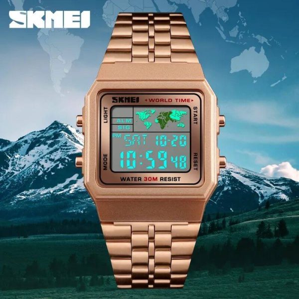 SKMEI 1338 Men's Stainless Steel Countdown Time Zone Waterproof LED Electronic Digital Watch - RoseGold - Image 3