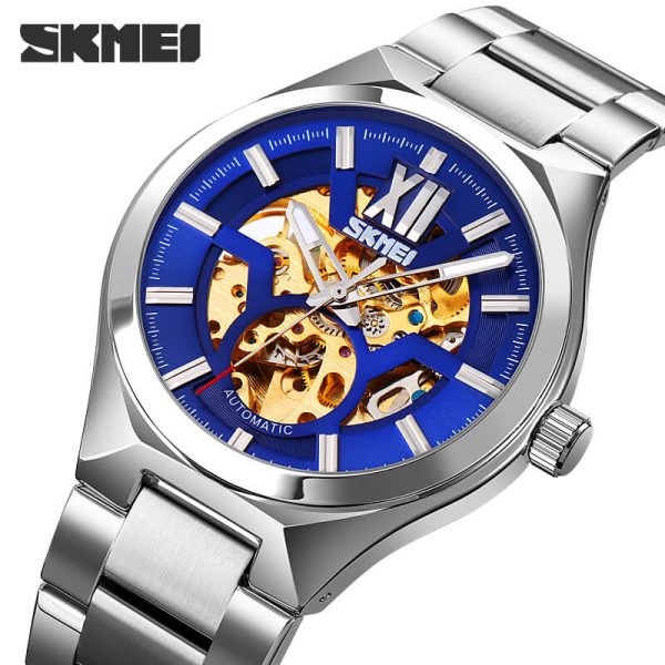 Skmei 9258 Fashion Mechanical Hollow Dial Luxury Stainless Steel Automatic Luminous Watch - Silver/Blue