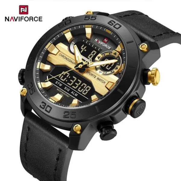 NaviForce NF9235 Men's Multifunction Dual Display Complete Calendar Leather Strap Watch - Golden/Black