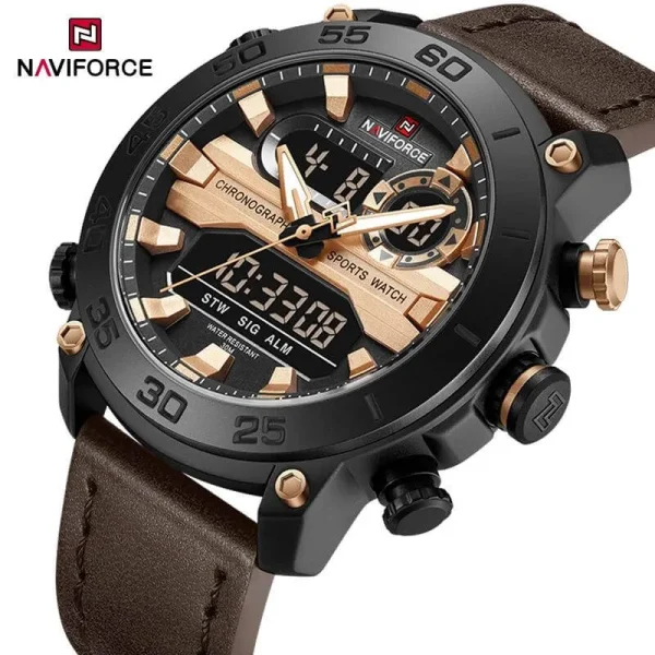 NaviForce NF9235 Men's Multifunction Dual Display Complete Calendar Leather Strap Watch - Rosegold/Brown