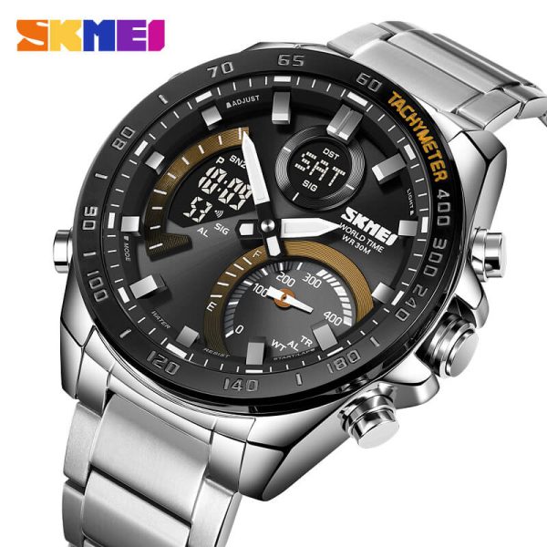 SKMEI 1889 Multifunctional Dual Display Countdown Chronograph LED Light Stainless Steel Watch For Men - Silver/Black