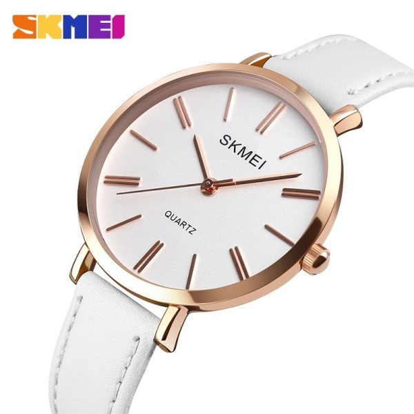 SKMEI 1397 Women Watch Simple Classic Numeric Design Thin Round Dial Shape Leather Strap Quartz - White