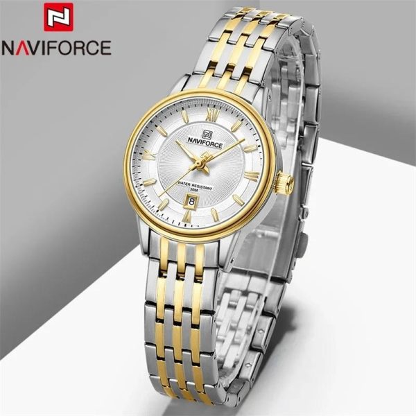 NaviForce NF8040 Classic Luxury Quartz Date Display Stainless Steel Watch For Women - White/Golden - Image 2