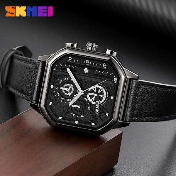 SKMEI 1963 Men's Fashion Multifunction Chronograph Square Dial Date Display Leather Strap Watch - Black/White - Image 3