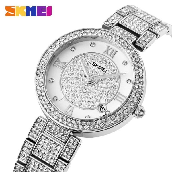 SKMEI 1739 Women's Fashion Iced Diamond Roman Numeral Index Date Display Quartz Stainless Steel Watch - Silver