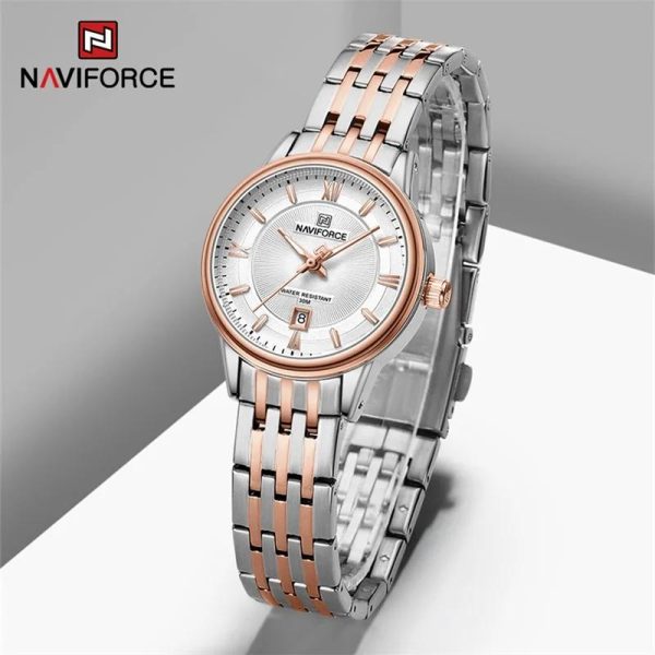 NaviForce NF8040 Classic Luxury Quartz Date Display Stainless Steel Watch For Women - White/Rosegold - Image 2