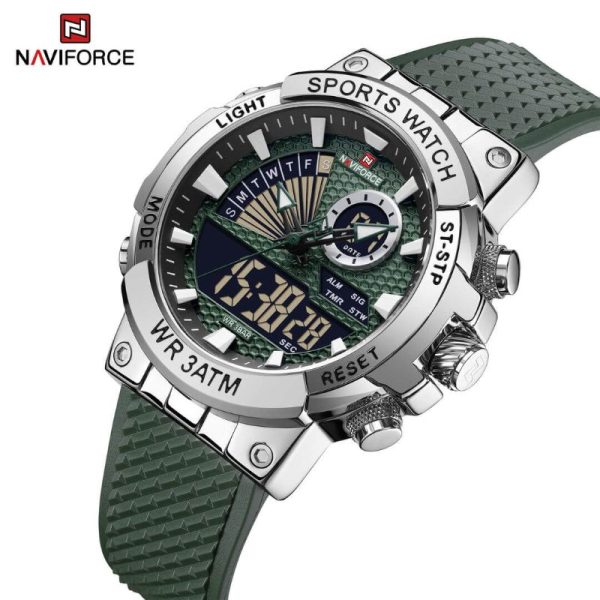 NaviForce NF9219 Dual Display Polygonal Case Analog Digital Silicon Strap Watch For Men - Silver/Green