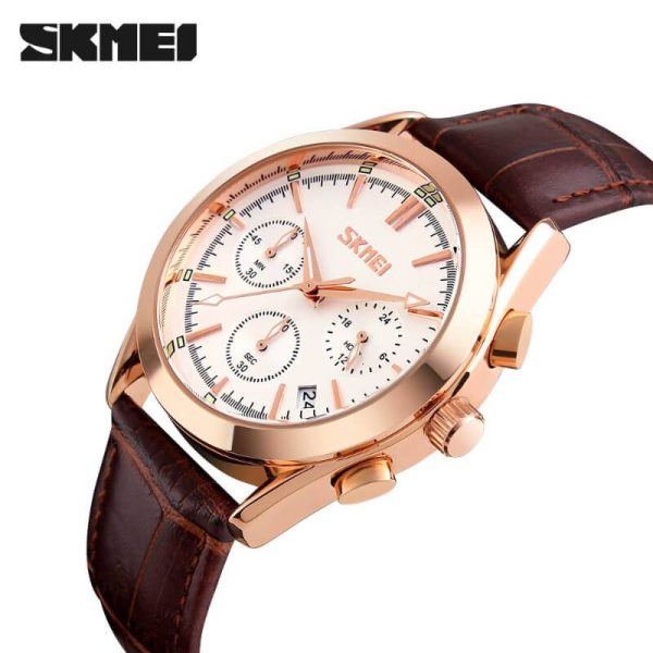 SKMEI 9127 Men's Elegant Business Analog Date Display Multifunction Leather Strap Chronograph Watch - Rosegold/Brown