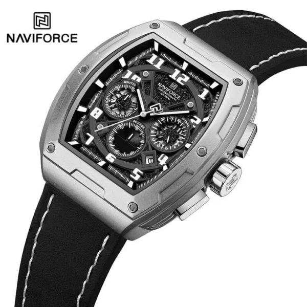 NaviForce NF8053 Men's Stylish Multifunction Barrel Shape Case Chronograph Watch - Black/ Silver