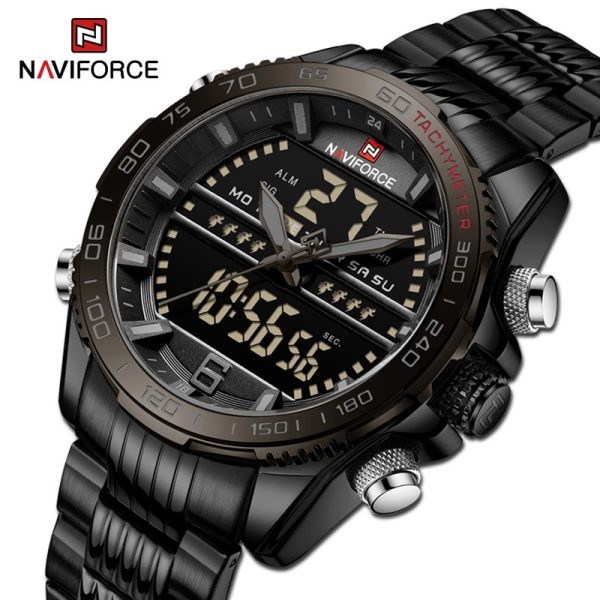 NAVIFORCE NF9195 Men's Dual Display Stainless Steel Day Date Watch - Black