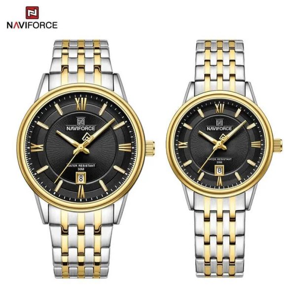 NaviForce NF8040 Classic Luxury Quartz Date Display Stainless Steel Watch For Couple - Black/Golden