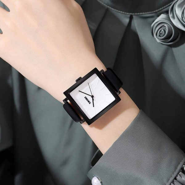 SKMEI 2032 Minimalist Design Casual Square Shape Dial Leather Strap Watch For Women - White/Black - Image 2