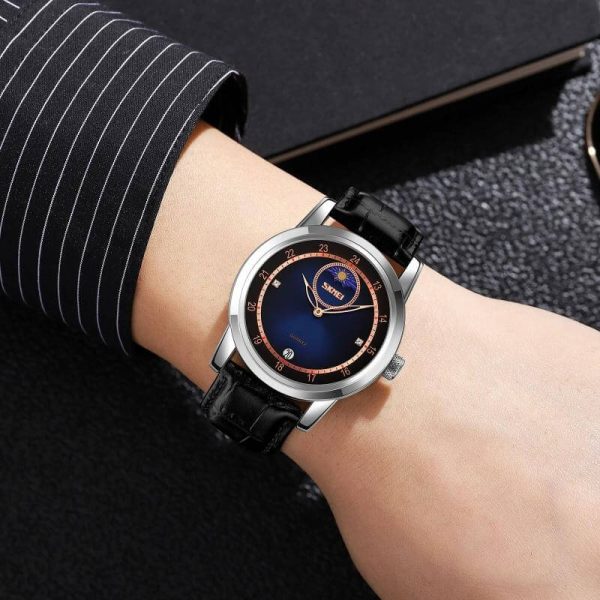 SKMEI 9300 Business Moon Phase Leather Strap Date Display Watch For Men - Blue/Black - Image 2