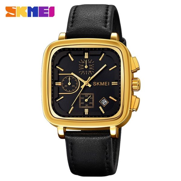 SKMEI 2182 Simple Fashion Square Dial Date Display Leather Watch For Men - Black/Golden