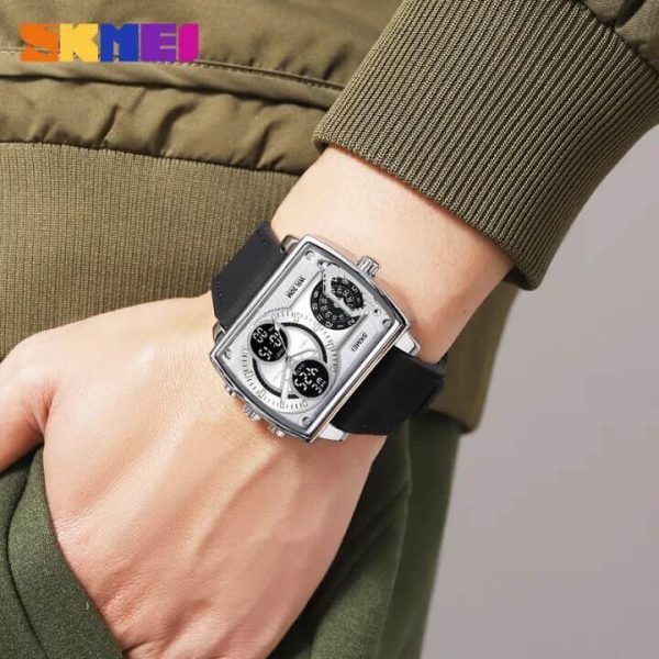 SKMEI 2229 Square Shape Dual Movement Multifunctional Leather Strap Watch For Men - White/Black - Image 2