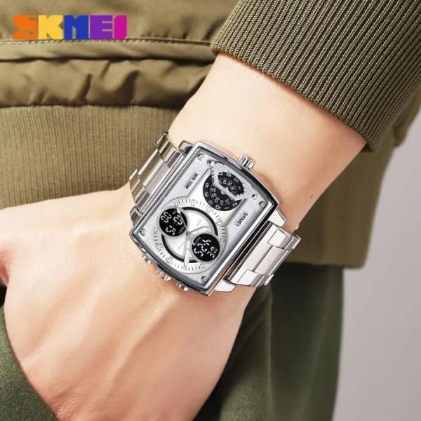 SKMEI 2229 Square Shape Dual Movement Multifunctional Stainless Steel Watch For Men - Silver - Image 2