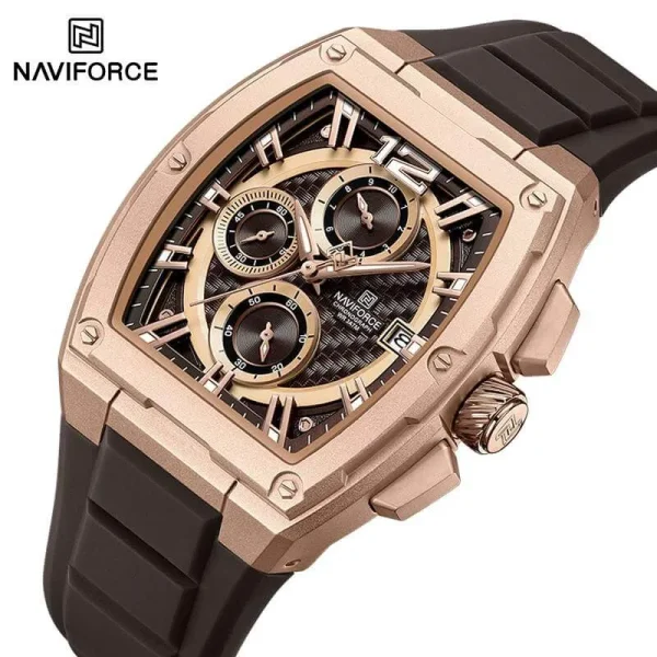 NaviForce NF8050 Fashion Barrel Shape Case Chronograph Silicone Strap Watch For Men - Rosegold/Brown