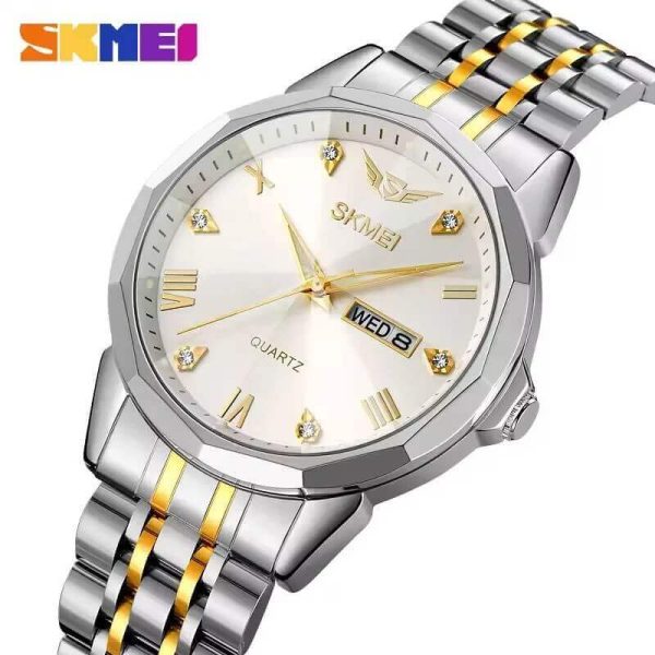 SKMEI 2291 Elegant Fashion Simple Dial Date Week Display Stainless Steel Watch For Men - Silver/Golden