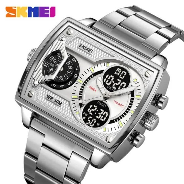 SKMEI 2229 Square Shape Dual Movement Multifunctional Stainless Steel Watch For Men - Silver