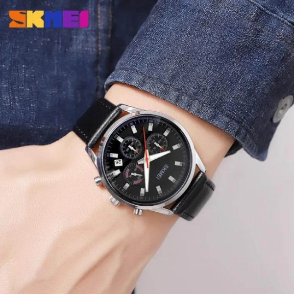 SKMEI 2083 Fashion Casual Chronograph Date Display Leather Strap Watch For Men - Black/Silver - Image 2