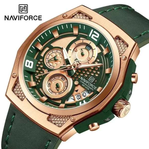 NaviForce NF8051 Men's Fashion Multifunction Chronograph Date Dispaly Leather Strap Watch - Rosegold/Green