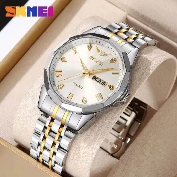 SKMEI 2291 Elegant Fashion Simple Dial Date Week Display Stainless Steel Watch For Men - Silver/Golden - Image 2