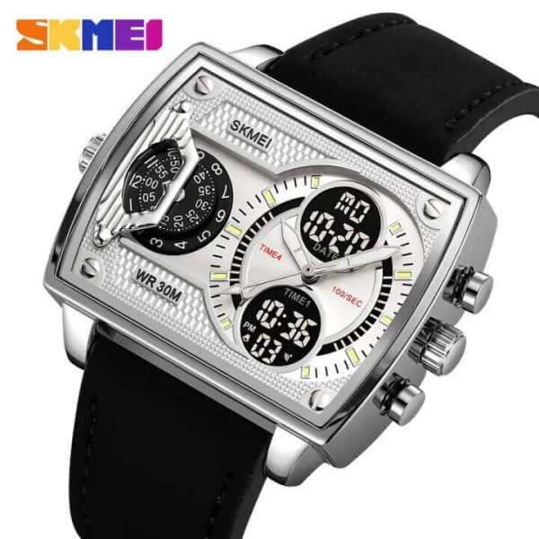 SKMEI 2229 Square Shape Dual Movement Multifunctional Leather Strap Watch For Men - White/Black