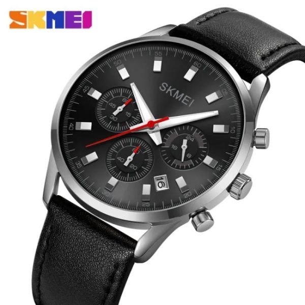 SKMEI 2083 Fashion Casual Chronograph Date Display Leather Strap Watch For Men - Black/Silver