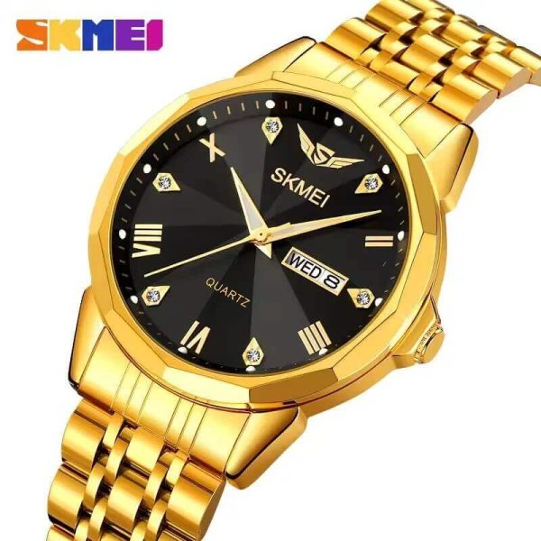 SKMEI 2291 Elegant Fashion Simple Dial Date Week Display Stainless Steel Watch For Men - Black/Golden