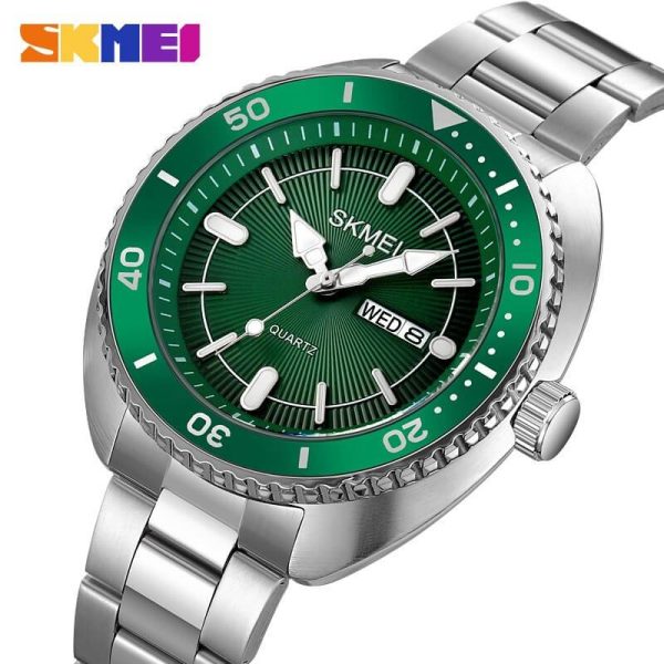 SKMEI 2256 Classic Luxury Date Day Function Japanese Quartz Stainless Steel Watch For Men - Green/Silver