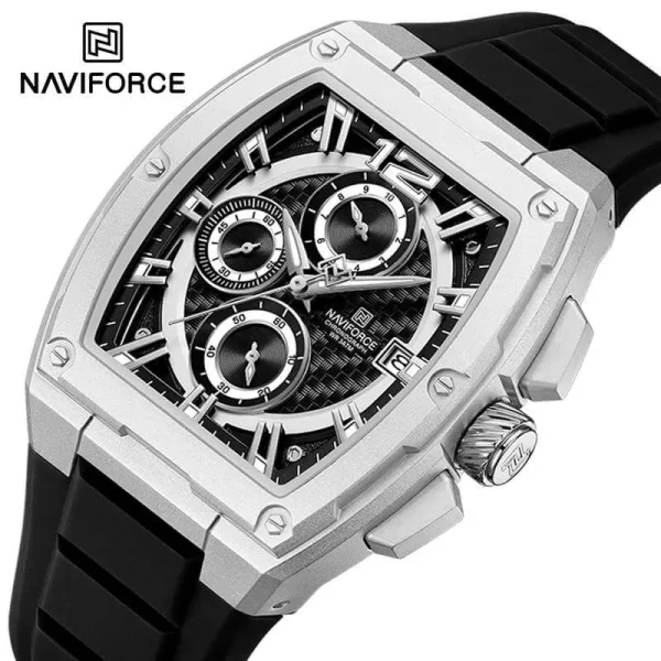 NaviForce NF8050 Fashion Barrel Shape Case Chronograph Silicone Strap Watch For Men - Silver/Black