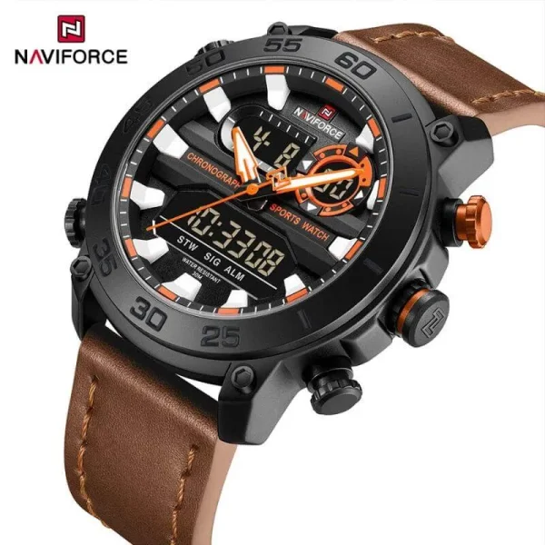 NaviForce NF9235 Men's Multifunction Dual Display Complete Calendar Leather Strap Watch - Orange